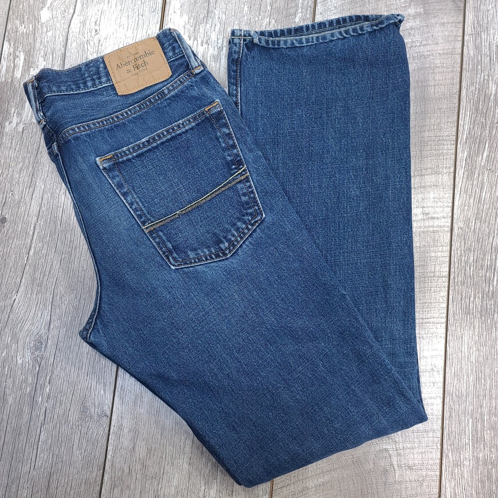 Abercrombie Fitch Mens 32x34 Baxter Low Slim Bootcut Jeans Blue Distressed Denim - Picture 3 of 10